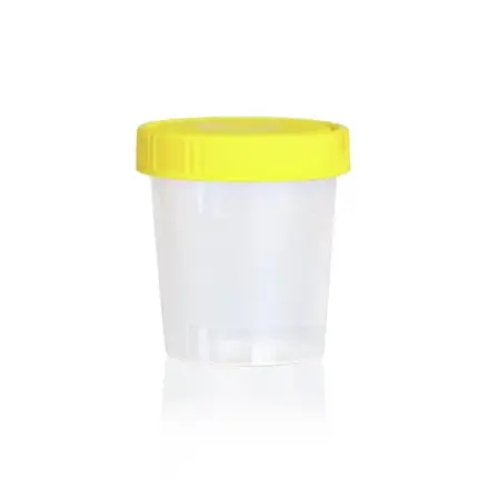 Gamma-steriler BRAND Universalbehälter 100 ml aus Polypropylen (PP) mit gelbem PE-Schraubdeckel für die sichere Probenlagerung im Labor.