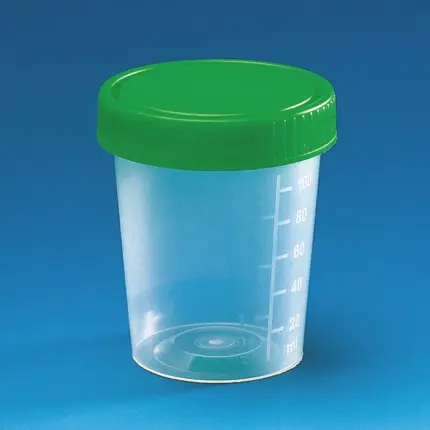 BRAND Urinbecher 100 ml aus Polypropylen (PP) mit grünem Schraubdeckel und Skalierung in CE-IVD Qualität vor blauem Hintergrund.