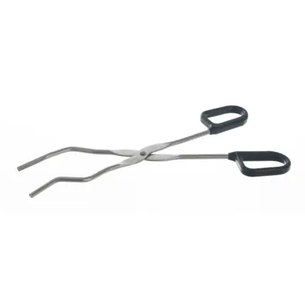 Freigestellte Bochem Tiegelzange aus 18/10 Edelstahl mit schwarzen PVC-Kunststoffgriffen für den sicheren Labor- und Tiegeleinsatz.