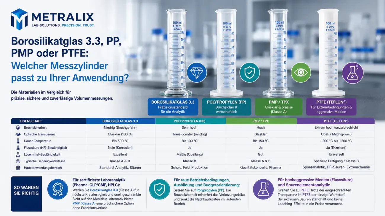 Infografik-Vergleich von Borosilikatglas 3.3, Polypropylen (PP), PMP und PTFE zur Auswahl des passenden Messzylinders für Laboranwendungen.