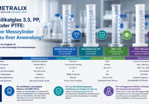 Infografik-Vergleich von Borosilikatglas 3.3, Polypropylen (PP), PMP und PTFE zur Auswahl des passenden Messzylinders für Laboranwendungen.