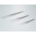 Drei gerade Bürkle Edelstahl-Pinzetten in verschiedenen Größen (105 mm, 130 mm, 160 mm) mit spitzen Enden für präzise Laborarbeiten.