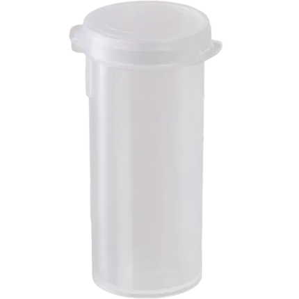 Einzelnes geschlossenes Bürkle Probendose Pure Probengefäß aus Polypropylen (PP) mit anhängendem Schnappdeckel für Laboranwendungen.