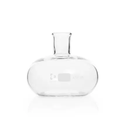 Einzelner bauchiger DURAN Kulturkolben Typ Fernbach (450 ml) aus Borosilikatglas 3.3 mit geradem Rand für Laboranwendungen.