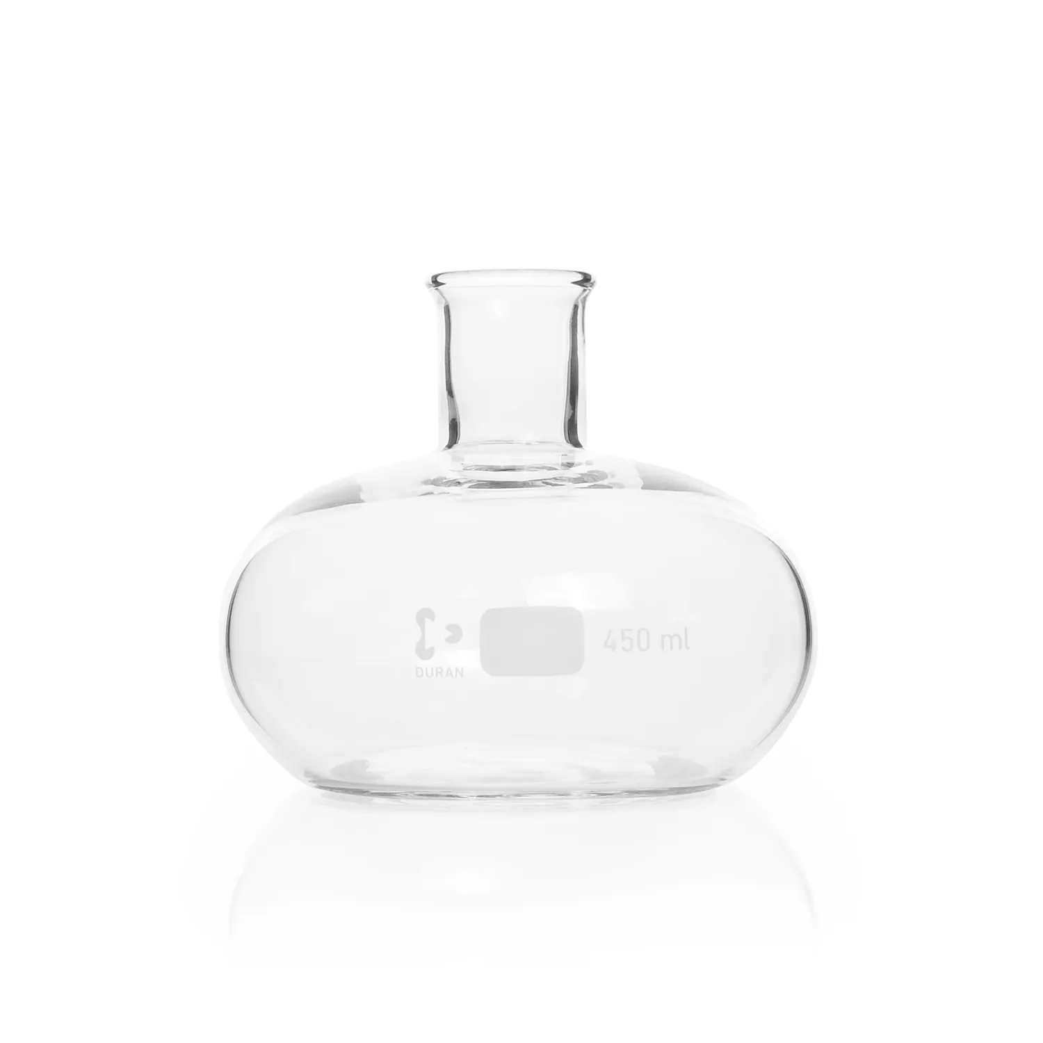 DURAN Kulturkolben Typ Fernbach aus Borosilikatglas 3.3 bauchige Form 450 ml Einzelner bauchiger DURAN Kulturkolben Typ Fernbach (450 ml) aus Borosilikatglas 3.3 mit geradem Rand für Laboranwendungen.