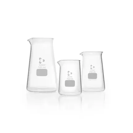 Set aus drei DURAN Philipsbechern (500 ml, 250 ml und 150 ml) aus Borosilikatglas 3.3 mit Ausguss und konischer Form für Laboranwendungen.