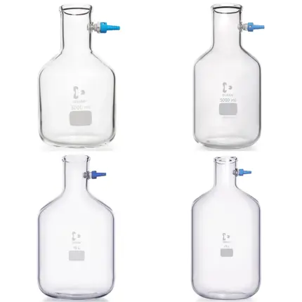 DURAN Saugflaschen in Flaschenform mit KECK Oliven-Set in den Größen 3000 ml, 5000 ml, 10 L und 15 L aus Borosilikatglas 3.3