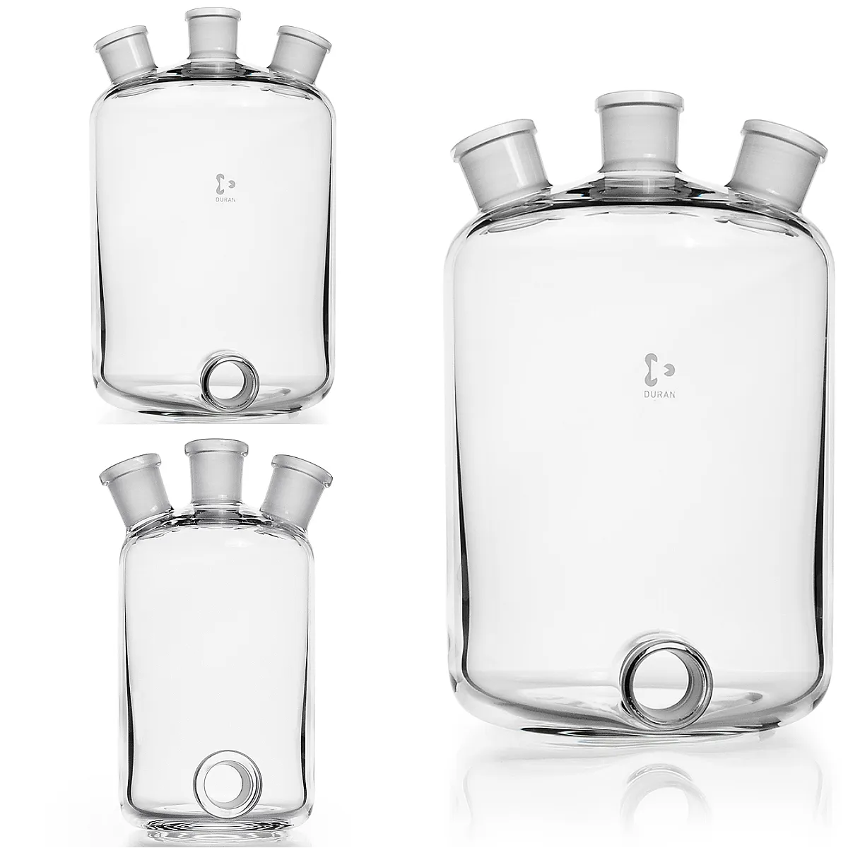 DURAN Woulffsche Flaschen mit Bodentubus – 500 ml, 1000 ml, 5000 ml DURAN Woulffsche Flaschen mit Bodentubus und drei Normschliffen in den Größen 500 ml, 1000 ml und 5000 ml aus Borosilikatglas 3.3