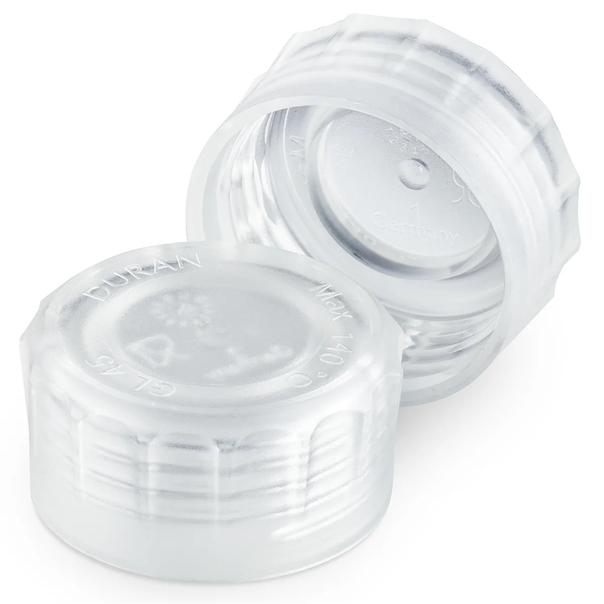 DURAN YOUTILITY GL 45 Schraubkappe PMP transparent Transparente DURAN YOUTILITY GL 45 Schraubkappe aus PMP in Vorder- und Innenansicht mit Ergonomie-Rillen