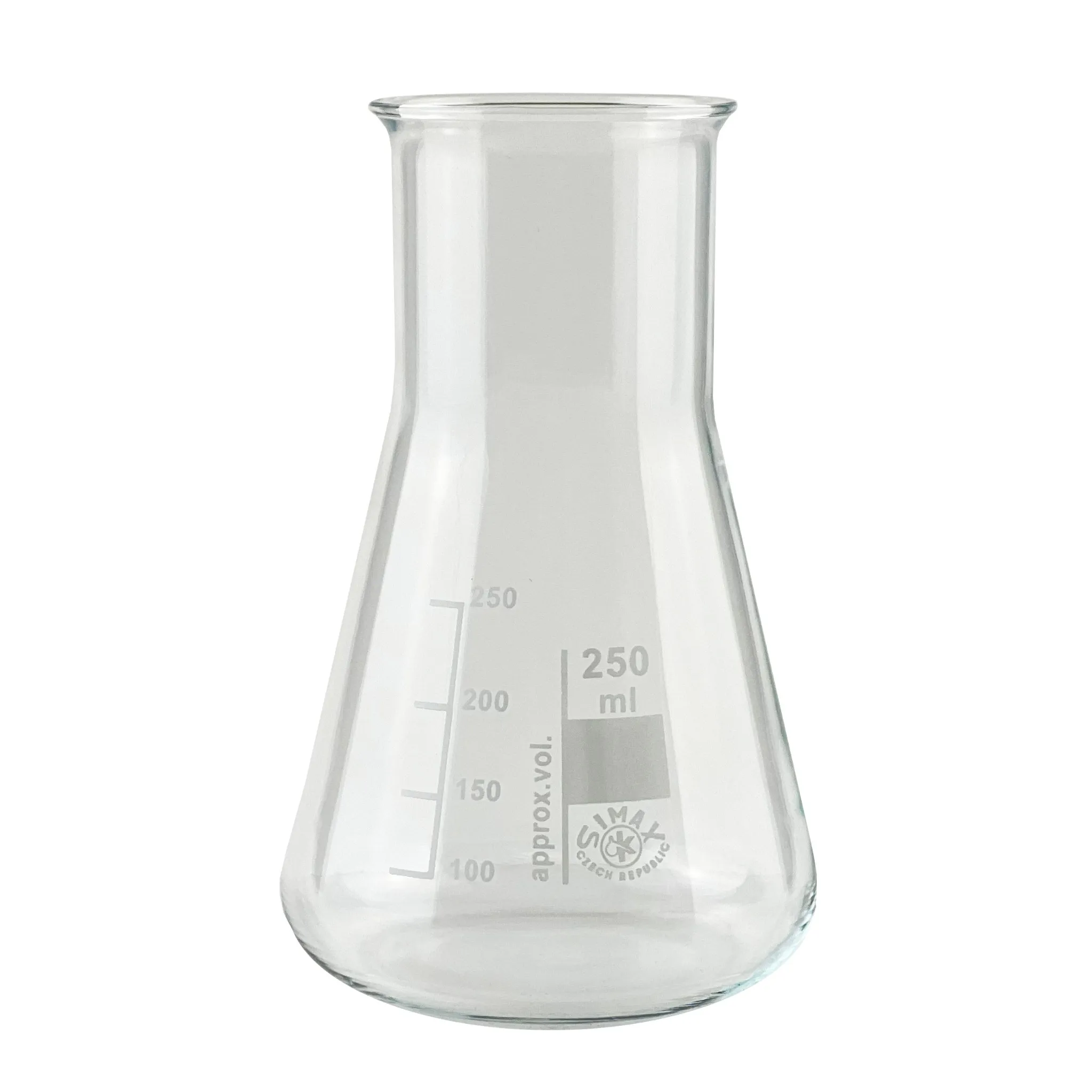 Assistent Erlenmeyerkolben SIMAX 250 ml Weithals Borosilikatglas 3.3 Freigestellter Assistent Erlenmeyerkolben SIMAX (250 ml) aus Borosilikatglas 3.3 mit Weithals und Skalierung für Laboranwendungen.