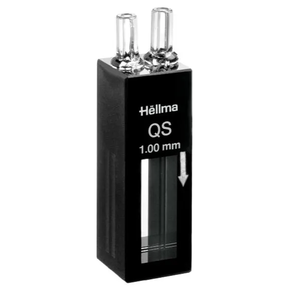 Hellma Durchflussküvette Quarzglas UV/VIS 1 mm mit Stutzen Hellma Durchflussküvette aus Quarzglas QS mit 1 mm Schichtdicke und Zu-/Abfluss-Stutzen für präzise UV/VIS-Messungen im Labor.