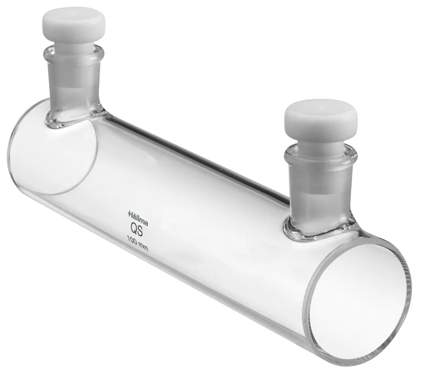 Hellma Zylinder-Küvette QS UV/VIS 100 mm mit 2 PTFE-Stopfen Hellma Zylinder-Küvette aus Quarzglas QS für UV/VIS mit 100 mm Schichtdicke, 28 ml Volumen und zwei PTFE-Stopfen für Laboranalysen.
