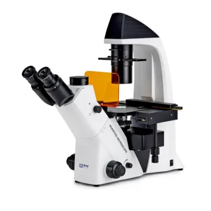 KERN OCM 167 inverses Fluoreszenzmikroskop mit trinokularem Strahlengang, Infinity Plan-Objektiven und LED-Fluoreszenzbeleuchtung