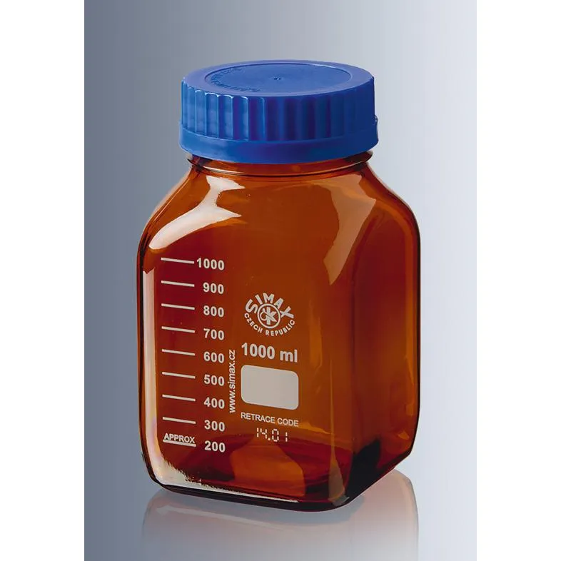 Marienfeld Superior Vierkant Laborgewindeflasche GL 80 Braunglas Marienfeld Superior Vierkant-Laborgewindeflasche aus Braunglas mit GL 80 Gewinde und blauem PP-Schraubverschluss