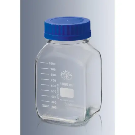 Marienfeld Superior Vierkant-Laborgewindeflasche aus Klarglas mit GL 80 Gewinde und blauem PP-Schraubverschluss