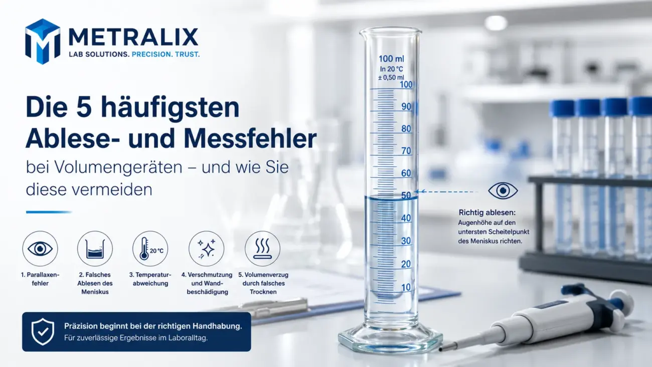 Infografik von Metralix zu den 5 häufigsten Ablese- und Messfehlern bei Volumengeräten im Labor sowie Tipps zur korrekten Handhabung.