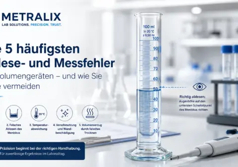 Infografik von Metralix zu den 5 häufigsten Ablese- und Messfehlern bei Volumengeräten im Labor sowie Tipps zur korrekten Handhabung.