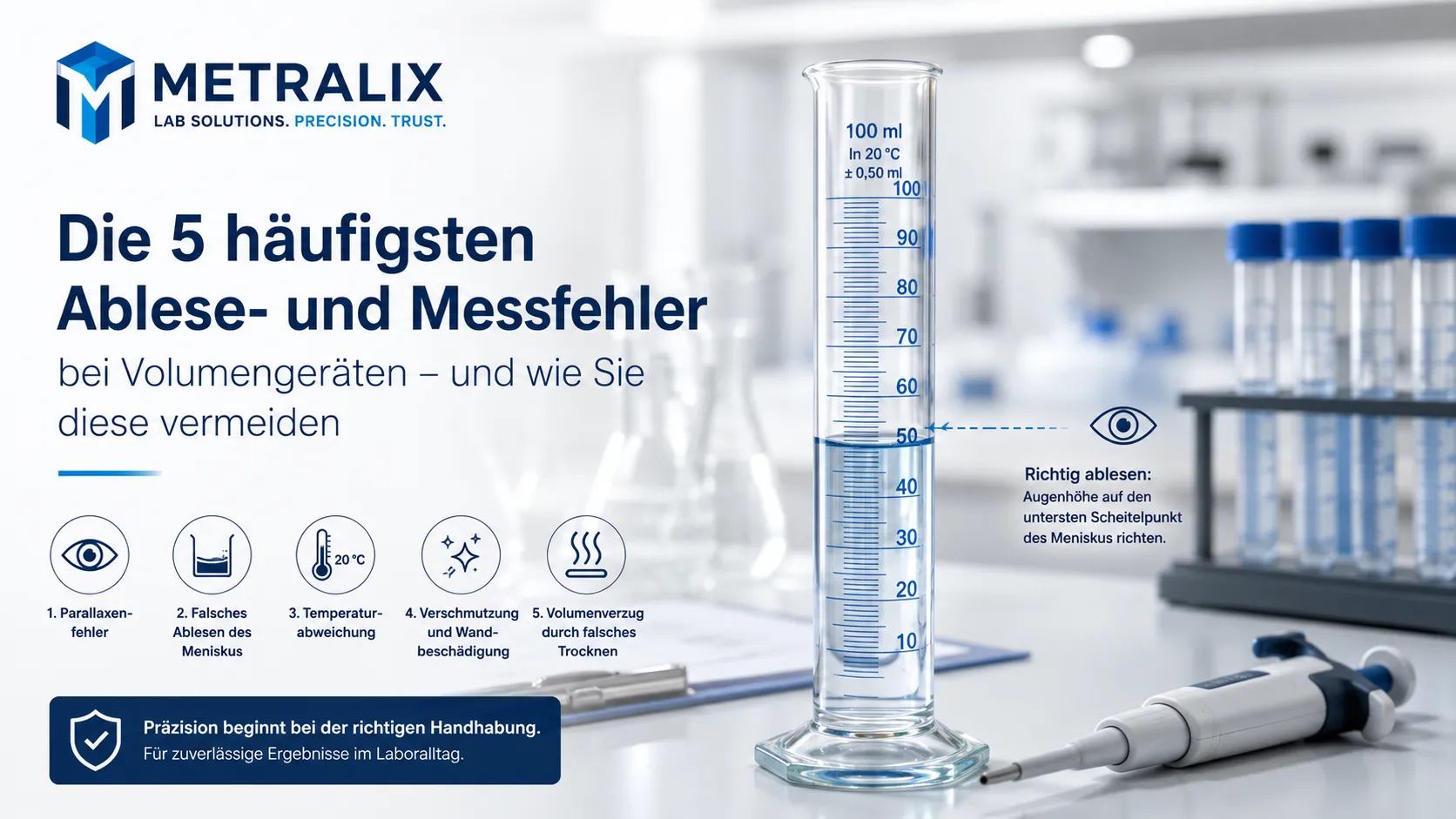 Infografik von Metralix zu den 5 häufigsten Ablese- und Messfehlern bei Volumengeräten im Labor sowie Tipps zur korrekten Handhabung.