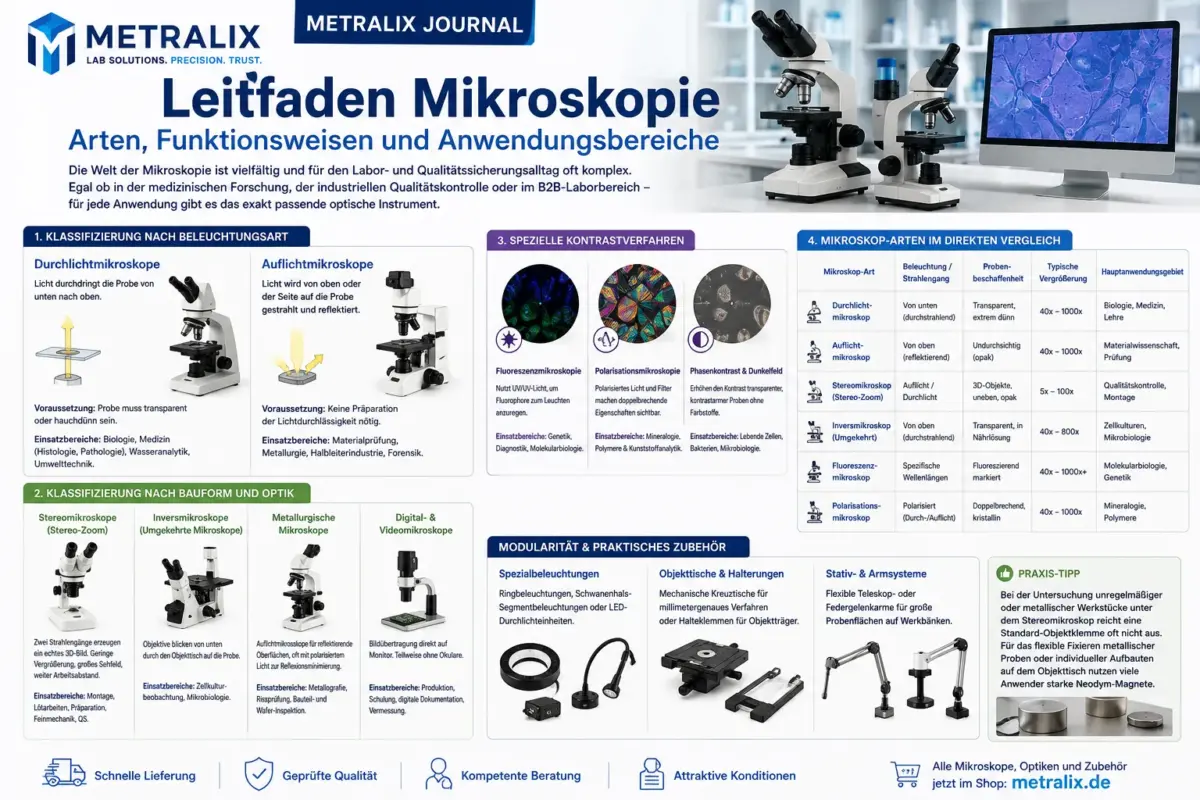 Infografik zum Metralix Leitfaden Mikroskopie mit Übersicht zu Arten, Funktionsweisen und Anwendungsbereichen
