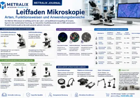 Infografik zum Metralix Leitfaden Mikroskopie mit Übersicht zu Arten, Funktionsweisen und Anwendungsbereichen