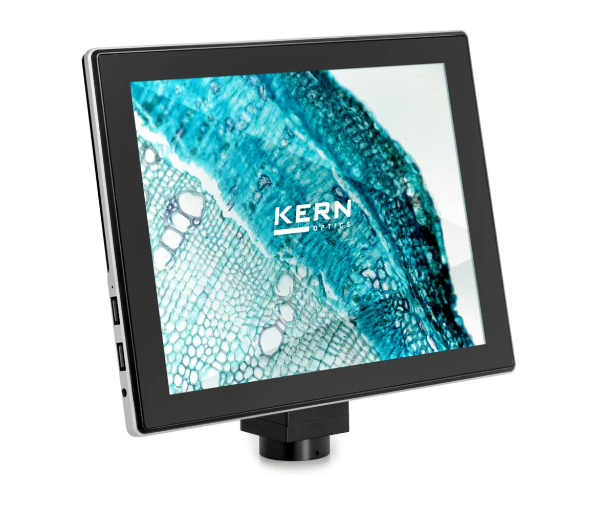 KERN ODC 241 Mikroskop Tablet Kamera Frontansicht 9,7 Zoll Frontansicht der KERN ODC 241 Mikroskop-Tablet-Kamera mit 9,7" Touchscreen, 5 MP und C-Mount mit mikroskopischer Probe auf dem Display