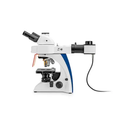 Seitenansicht KERN OBN 142 Fluoreszenzmikroskop, trinokular, mit 3 W und 5 W LED-Beleuchtung