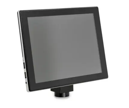 Frontale Schrägansicht der KERN ODC 241 Mikroskop-Tablet-Kamera mit 9,7" Touchscreen, 5 MP und C-Mount