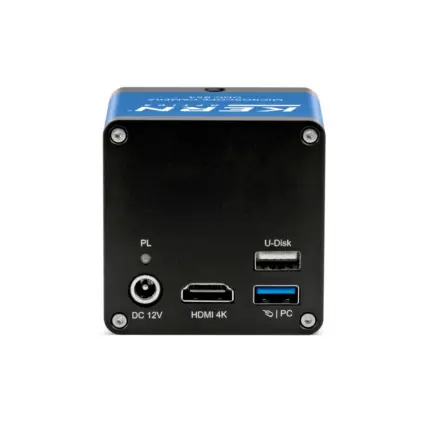Rückansicht der KERN ODC 854 High-End 4K Mikroskopkamera mit Anschlüssen für DC 12V, HDMI 4K, U-Disk und USB-PC