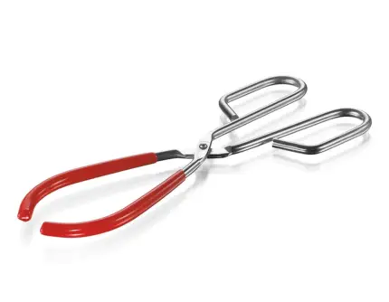 Freigestellte Usbeck Becherzange aus Edelstahl (260 mm) mit roter Kunststoffbeschichtung zum sicheren Greifen von Bechergläsern im Labor.