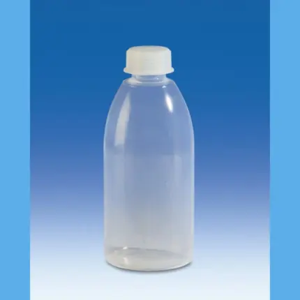 Einzelne transparente VITLAB Weithalsflasche aus PFA mit passender PFA-Schraubkappe für Laboranwendungen.