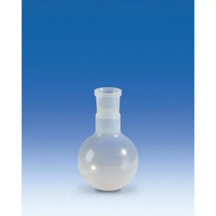 Einzelner transparenter VITLAB Rundkolben aus PFA mit Normschliff NS 29/32 für chemikalienbeständige Laboranwendungen.