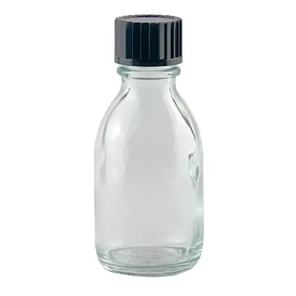 Freigestellte Assistent Enghals-Verpackungsflasche aus Klarglas mit Gewinde und schwarzem Schraubverschluss für Laboranwendungen.