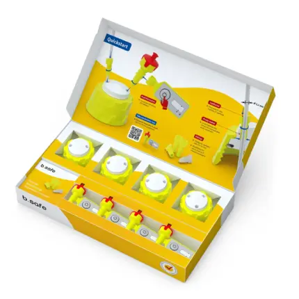 Geöffnete b.safe Starter Box A als HPLC-Entnahmeset für GL 45 Laborflaschen mit Sicherheitskappen und Zubehör.