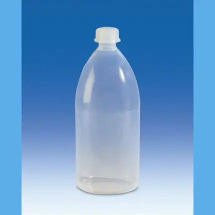 Einzelne transparente VITLAB Enghalsflasche aus PFA mit passender PFA-Schraubkappe für Laboranwendungen.