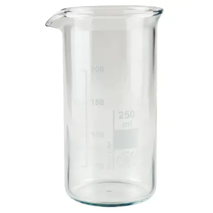 Freigestelltes hecht Becherglas SIMAX (250 ml, hohe Form) aus Borosilikatglas 3.3 mit Skalierung für Laboranwendungen.