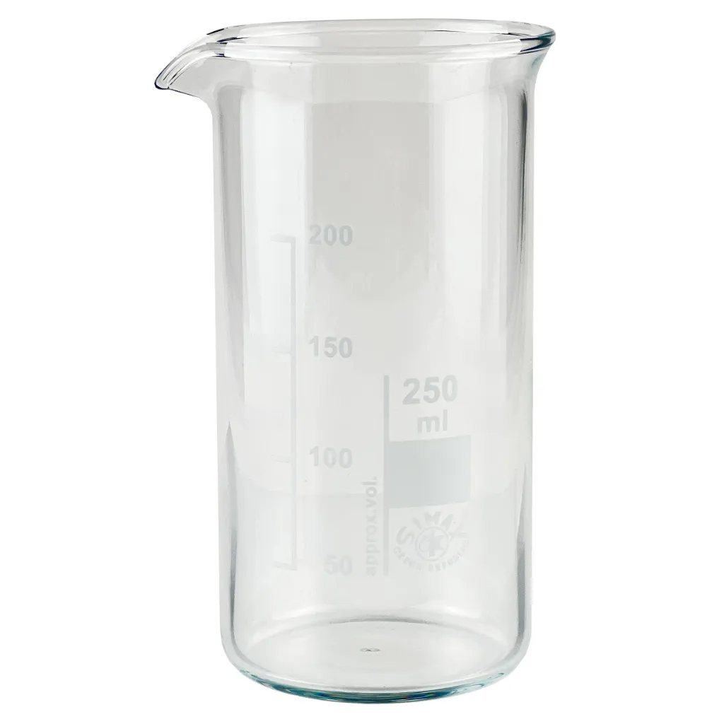 hecht Becherglas SIMAX 250 ml hohe Form Borosilikatglas 3.3 Freigestelltes hecht Becherglas SIMAX (250 ml, hohe Form) aus Borosilikatglas 3.3 mit Skalierung für Laboranwendungen.