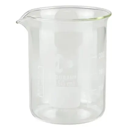Freigestelltes hecht DURAN Becherglas (250 ml, niedrige Form) aus Borosilikatglas 3.3 mit Skalierung für Laboranwendungen.