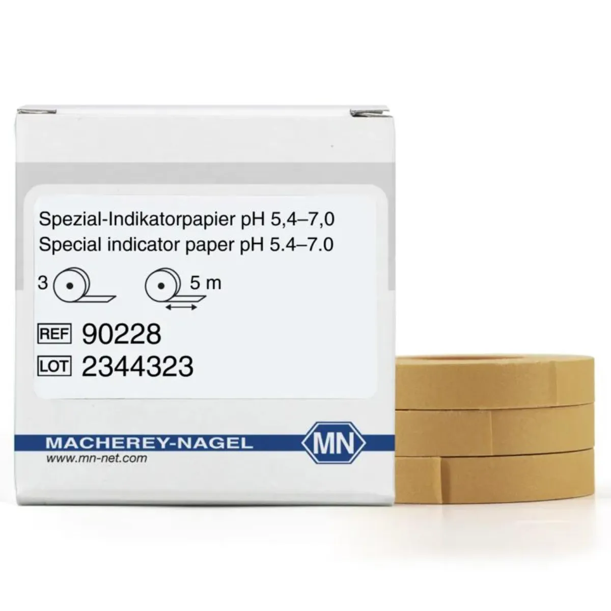 Macherey-Nagel Spezial-Indikatorpapier pH 5,4–7,0 Nachfüllpack REF 90228 Produktbild Macherey-Nagel Spezial-Indikatorpapier pH 5,4–7,0 Nachfüllpack Verpackung und Rollen REF 90228
