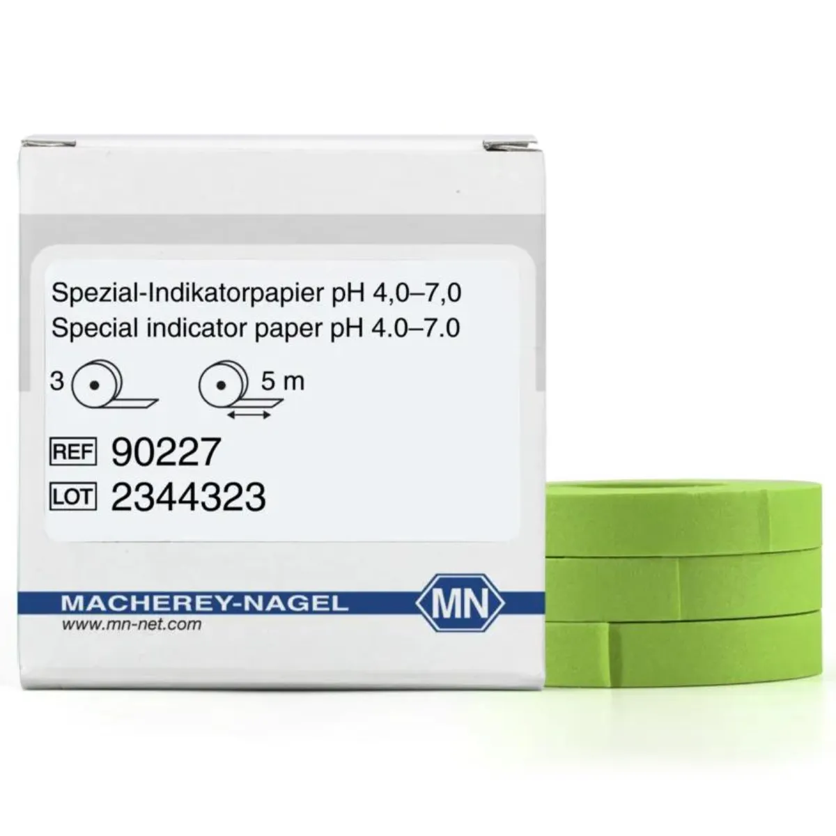 Macherey-Nagel Spezial-Indikatorpapier pH 4,0–7,0 Nachfüllpack REF 90227 Produktbild Macherey-Nagel Spezial-Indikatorpapier pH 4,0–7,0 Nachfüllpack Verpackung und Rollen REF 90227