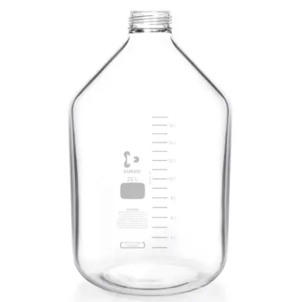 Eine 20000 ml klare DURAN GLS 80 Produktions- und Vorratsflasche Carboy mit Volumenskalierung und GLS 80 Weithalsgewinde im freigestellten Format