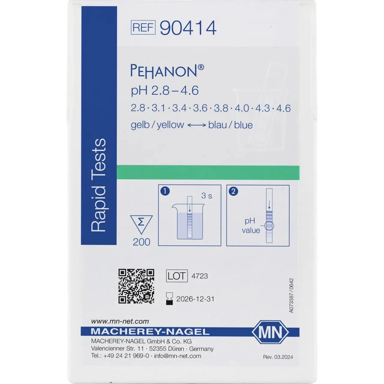 Macherey-Nagel PEHANON pH Teststreifen pH 2,8-4,6 Packung 90414 Macherey-Nagel PEHANON pH Teststreifen pH 2,8-4,6 Verkaufsverpackung 200 Stück 90414