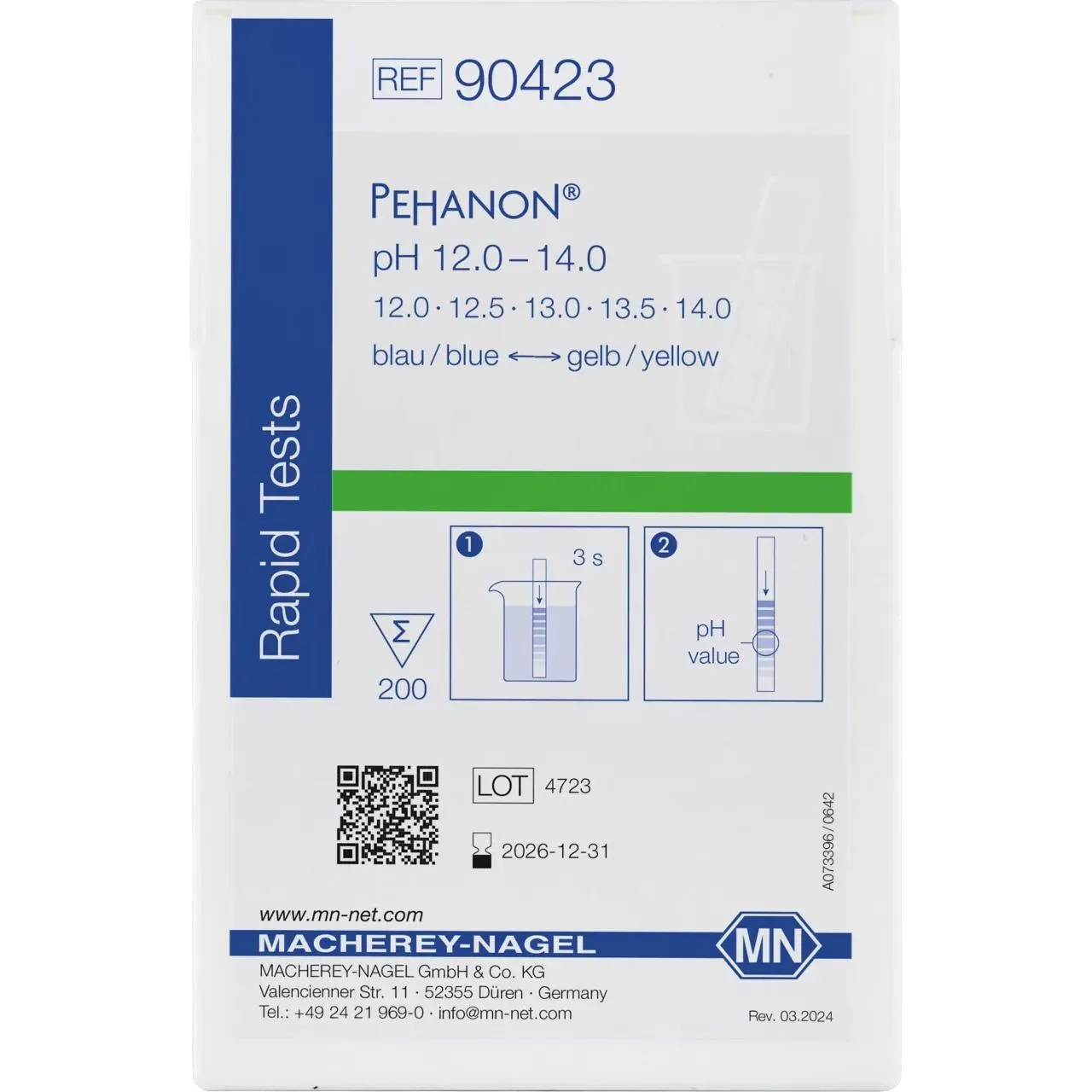 Macherey-Nagel PEHANON pH 12,0–14,0 (REF 90423) Macherey-Nagel PEHANON pH-Teststreifen pH 12,0–14,0 REF 90423