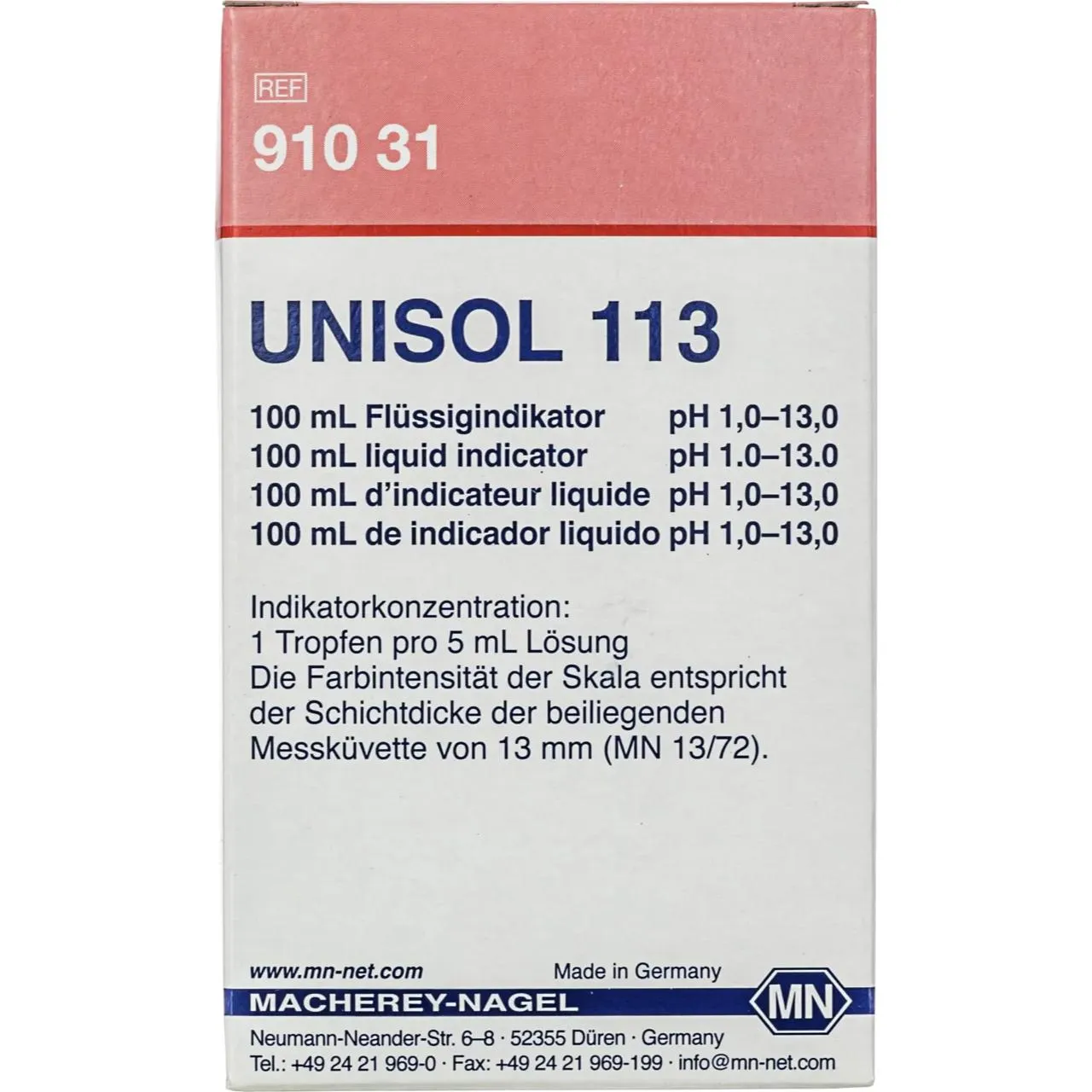 Macherey-Nagel UNISOL 113 (REF 91031) Macherey-Nagel UNISOL 113 Flüssigindikator pH 1,0–13,0 REF 91031