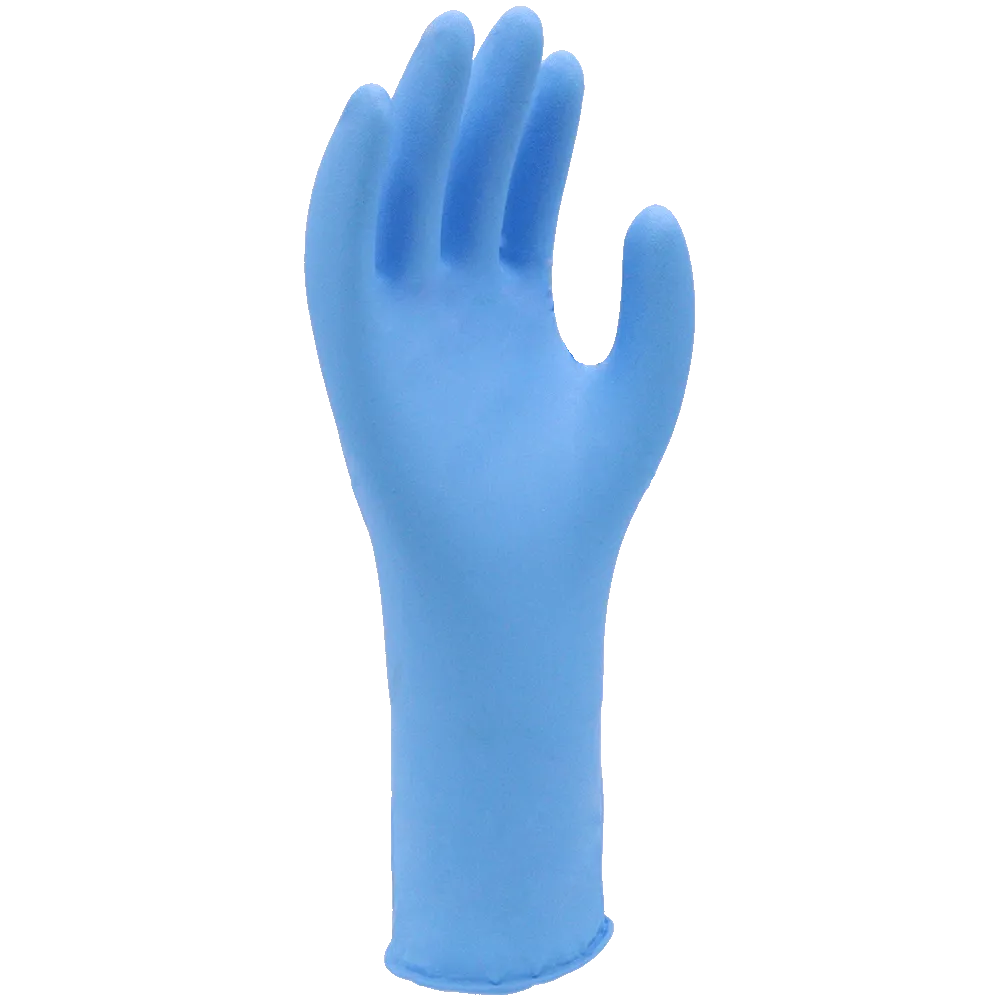 SHOWA 7585PF Nitril-Einweghandschuh, Blau – Handfläche SHOWA 7585PF Chemikalien-Einweghandschuh aus blauem Nitril – Ansicht der Handfläche