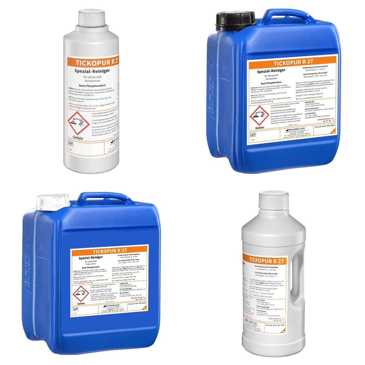 Bandelin TICKOPUR R 27 Spezial-Reiniger Verschiedene Gebindegrößen Bandelin TICKOPUR R 27 Spezial-Reiniger auf Phosphorsäurebasis Gebindeübersicht 1 Liter 2 Liter 5 Liter und 10 Liter