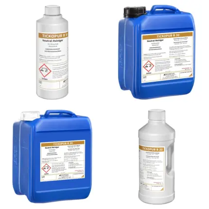 Bandelin TICKOPUR R 30 Neutral-Reiniger Gebindeübersicht 1 Liter 2 Liter 5 Liter und 10 Liter