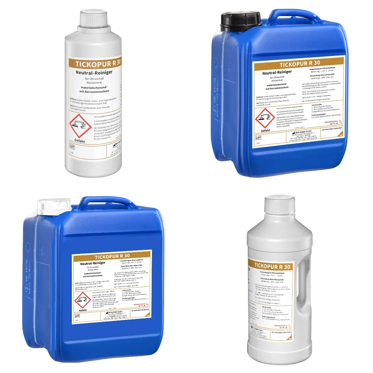 Bandelin TICKOPUR R 30 Neutral-Reiniger Verschiedene Gebindegrößen Bandelin TICKOPUR R 30 Neutral-Reiniger Gebindeübersicht 1 Liter 2 Liter 5 Liter und 10 Liter