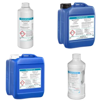 Bandelin TICKOPUR R 32 Komplexbildner-freier Spezial-Reiniger Gebindeübersicht 1 Liter 2 Liter 5 Liter und 10 Liter