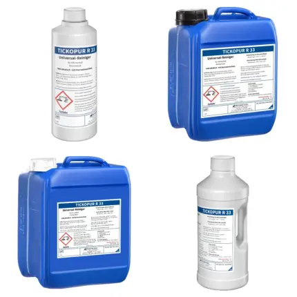 Bandelin TICKOPUR R 33 Universal-Reiniger Gebindeübersicht 1 Liter 2 Liter 5 Liter und 10 Liter