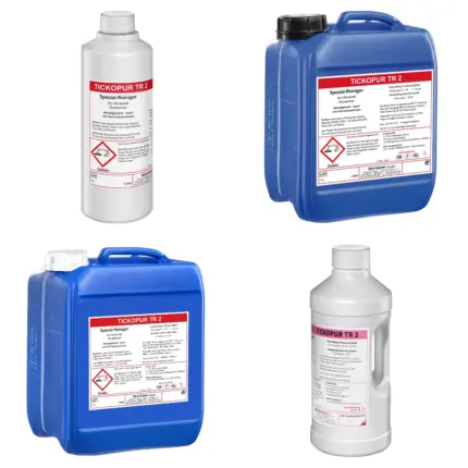 Bandelin TICKOPUR TR 2 demulgierender saurer Spezial-Reiniger Gebindeübersicht 1 Liter 2 Liter 5 Liter und 10 Liter